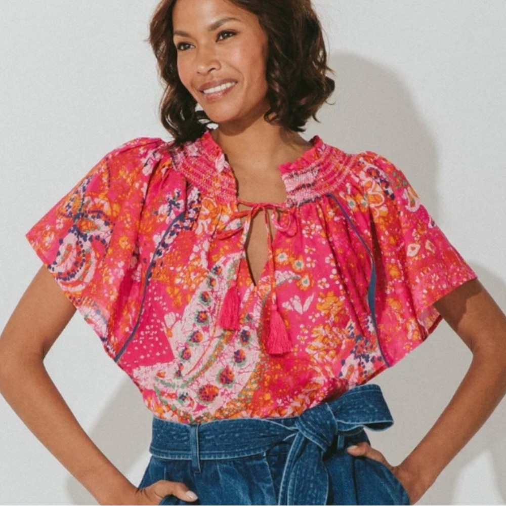 Cleobella Pink and Red Flutter Sleeve Blouse with Tie Front